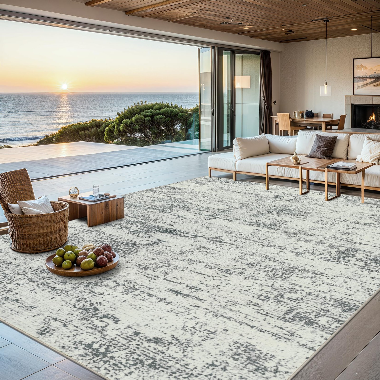 8×10 Washable Area Rug for Living Room, Modern Abstract Soft Neutral Grey