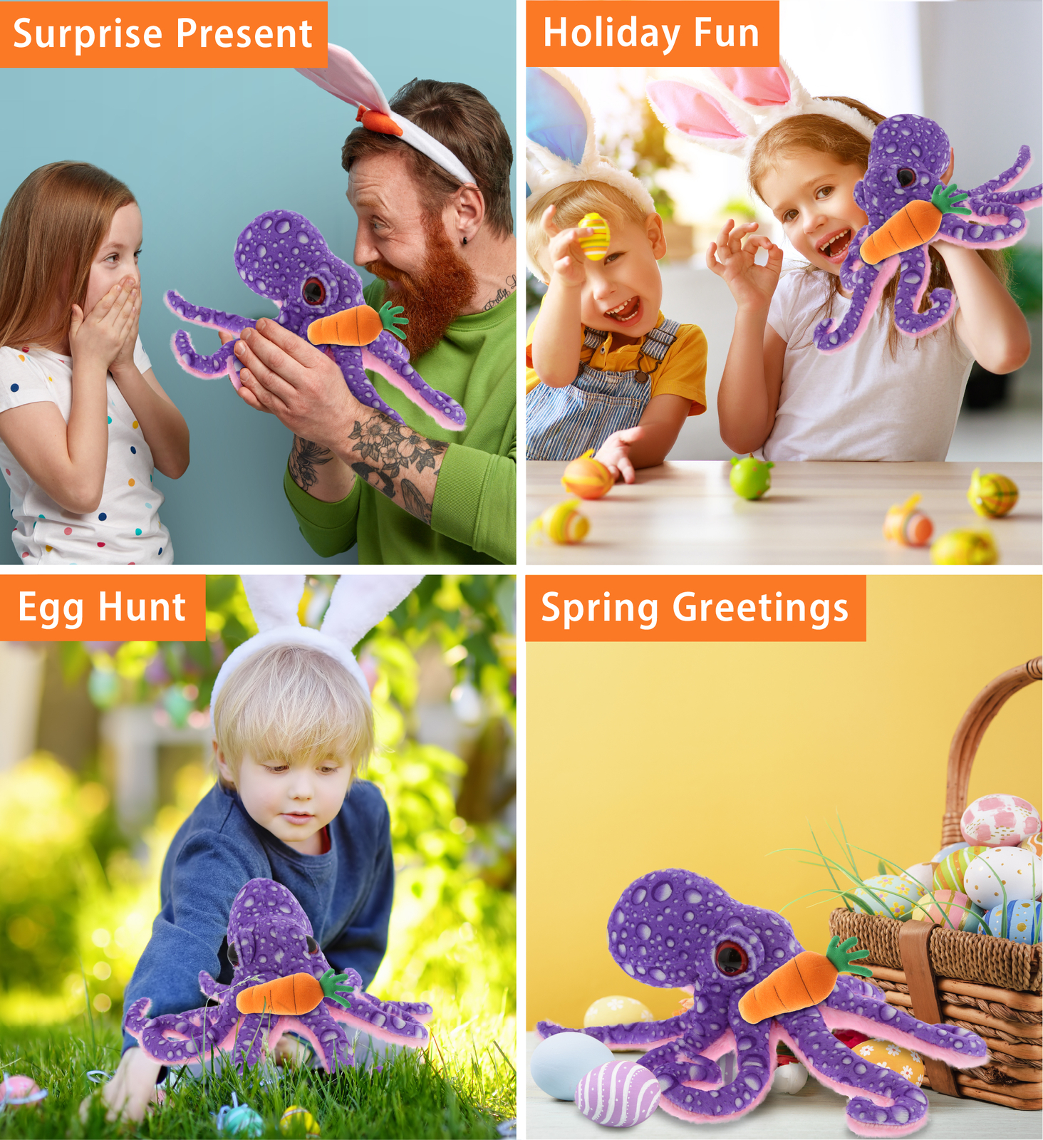 DolliBu Happy Easter Soft Plush Purple Octopus with Carrot Plush – 12 Inches