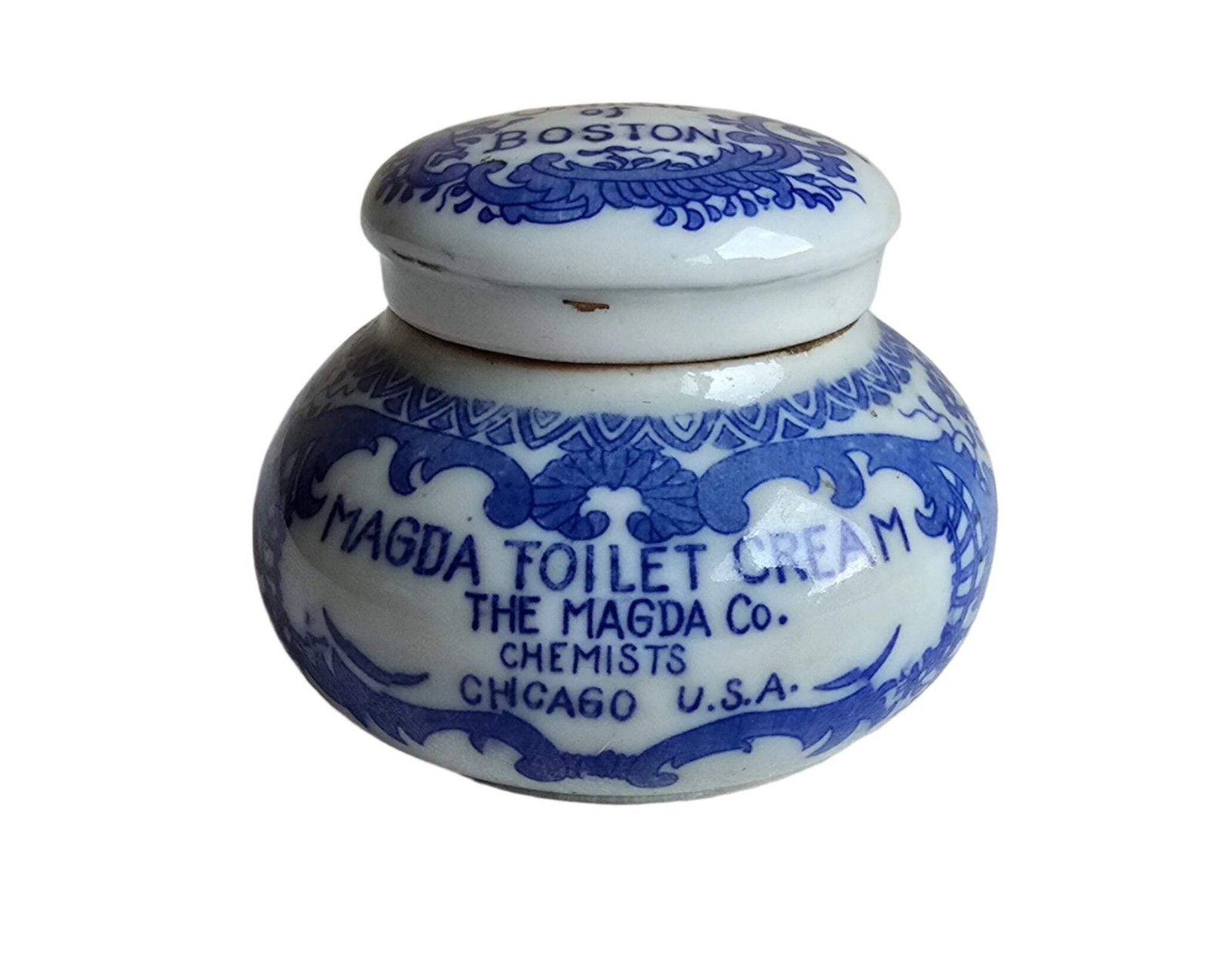 Antique Rare Magda Toilet Cream Porcelain Jar Blue & White The Magda Co Chemists