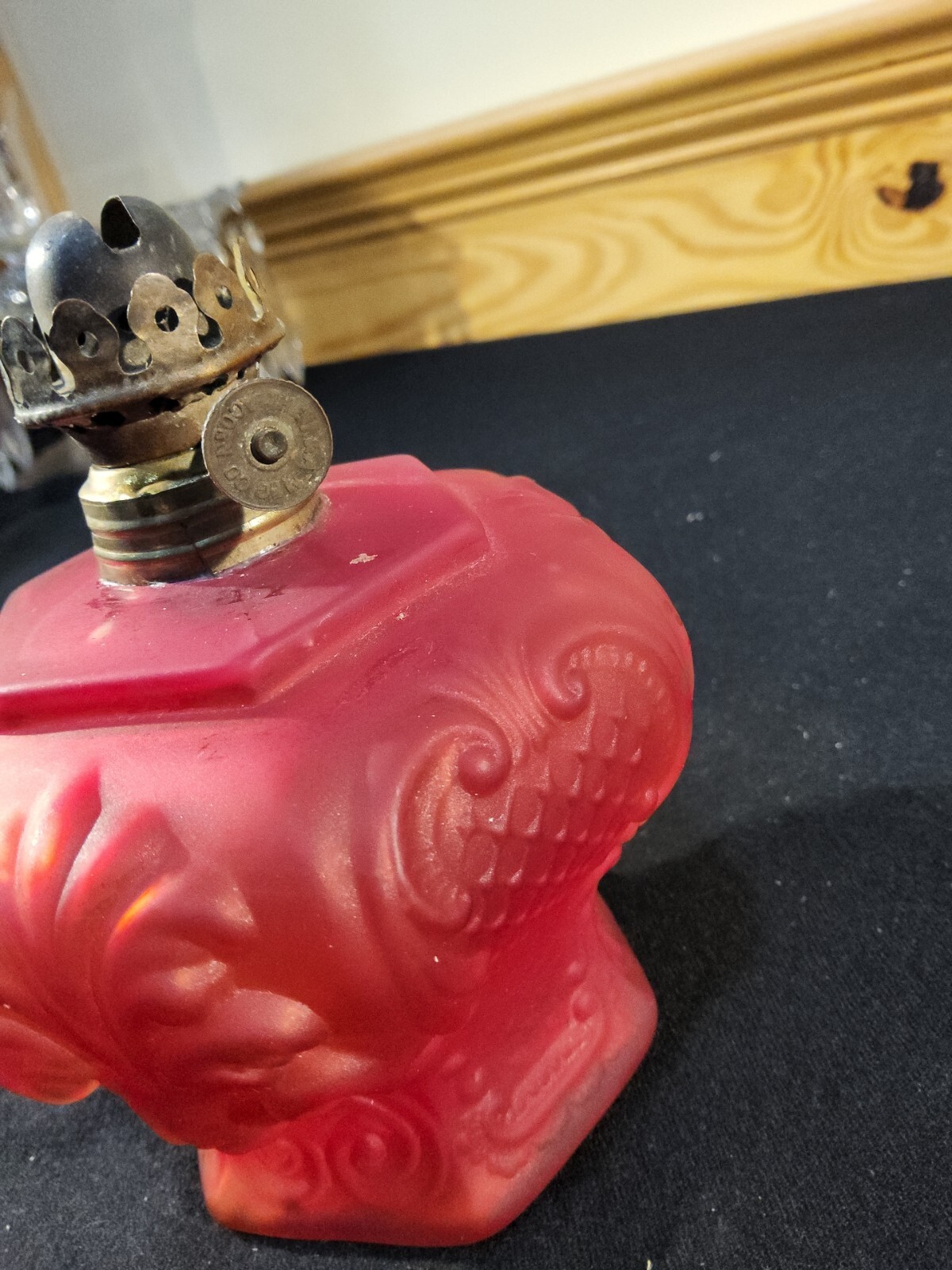 Antique Miniature Red Satin Lions Head Glass Oil Lamp Embosses Smith 1 Fig 284