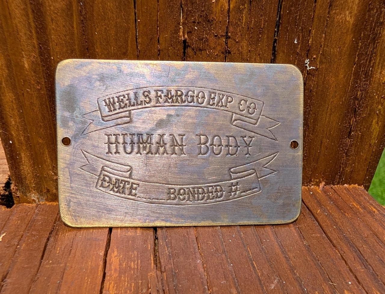 THICK BRASS HUMAN BODY CORPSE COFFIN TOE TAG WITH SPOT FOR DATE & BONDED #
