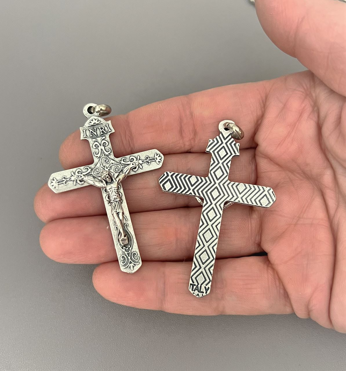 NARROW Heavy Ornate Rosary CRUCIFIX Cross 2″ Italian Rosaries parts Silver C162