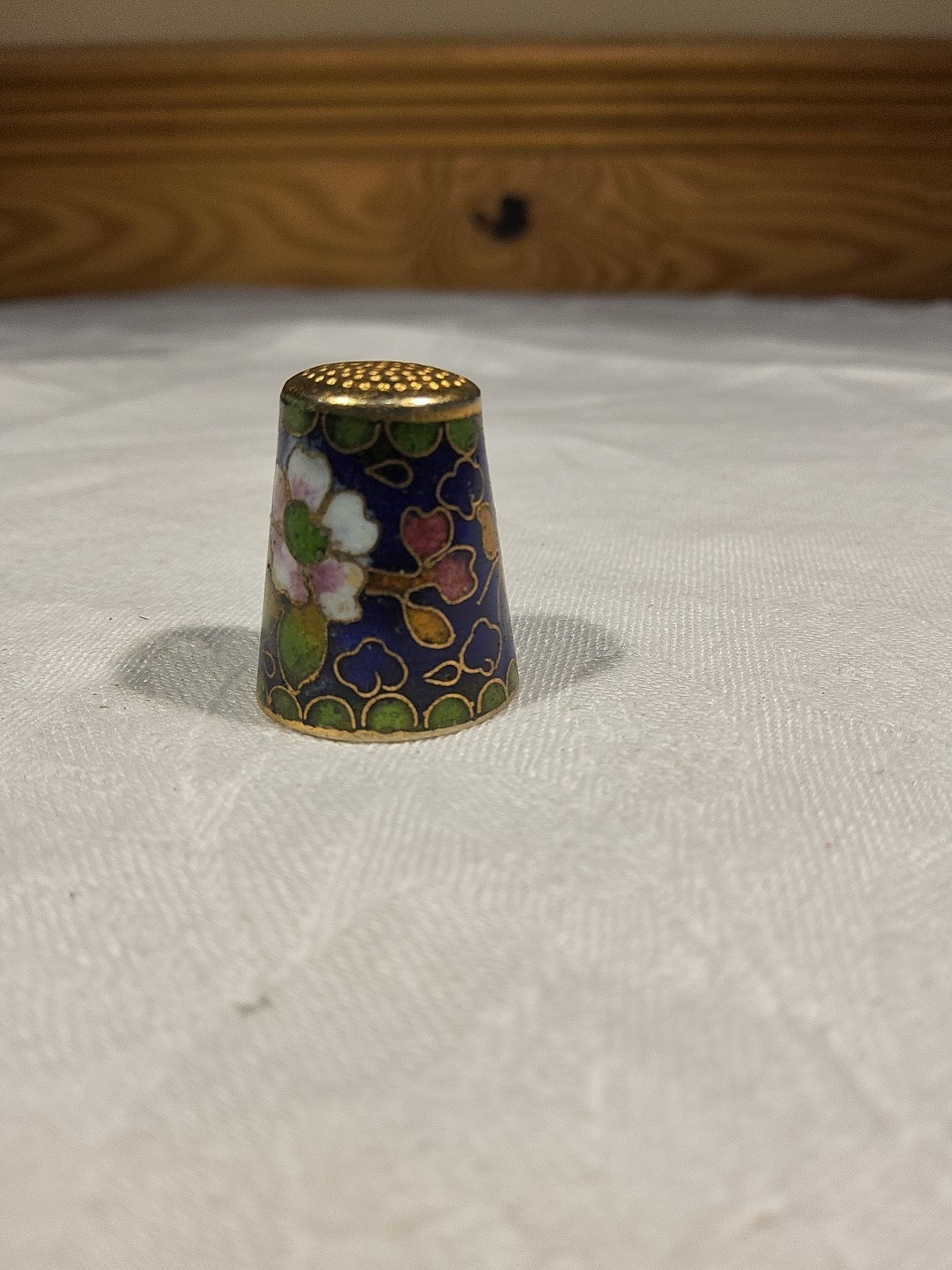 Cloisonne Enamel Cobalt Blue Green, Pink White Flowers Thimble Brass Trim
