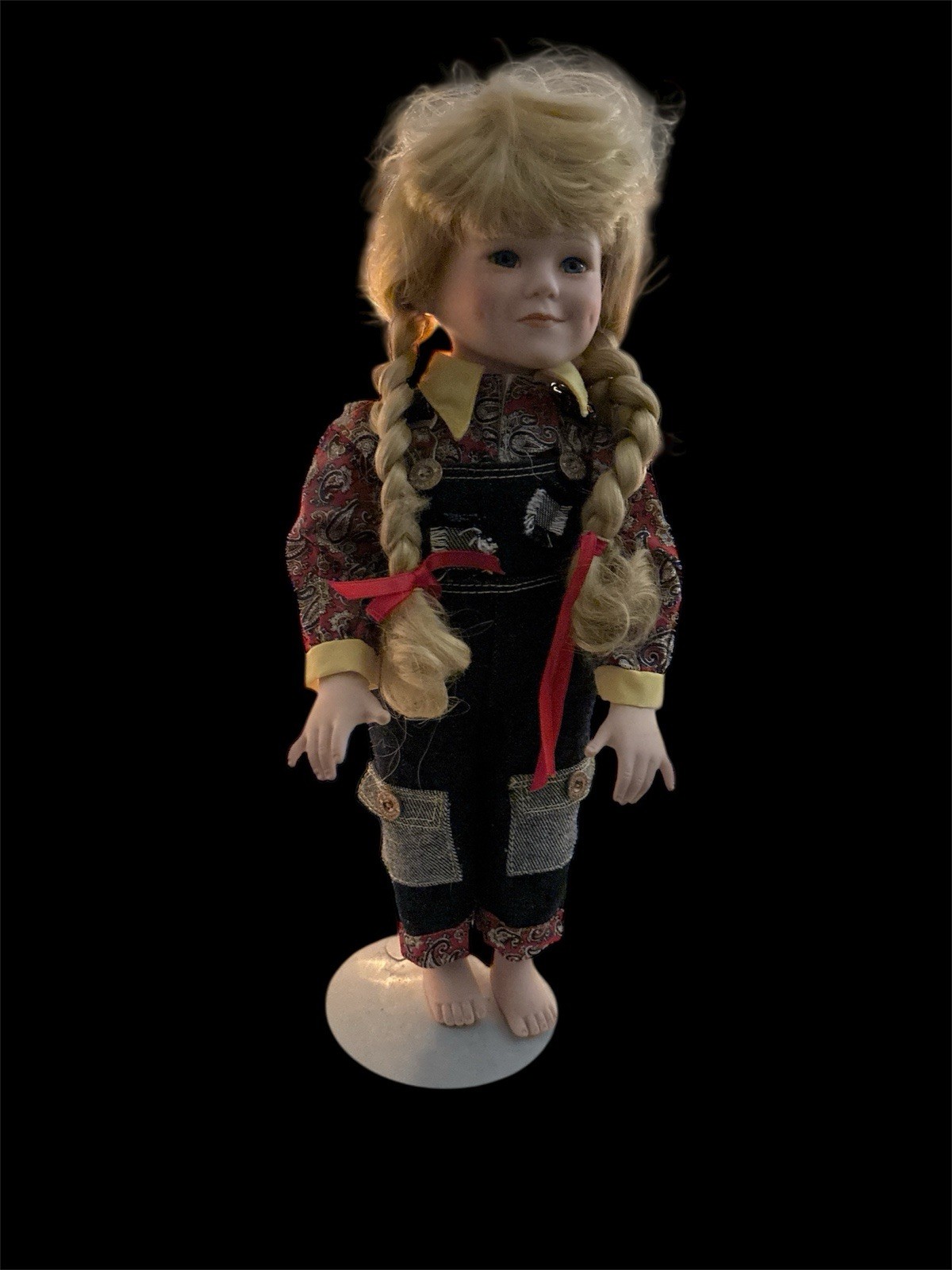 Haunted Porcelain Doll Creepy Spirit Vessel Blonde Braids Vintage Overalls