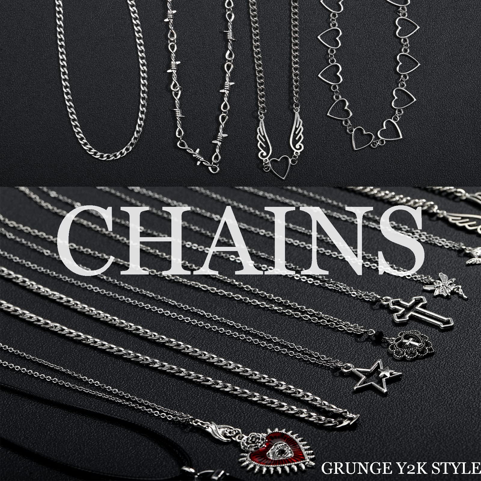 LIRUNQIN 14 Pcs Grunge Goth Necklace Set Y2k Adjustable, silver