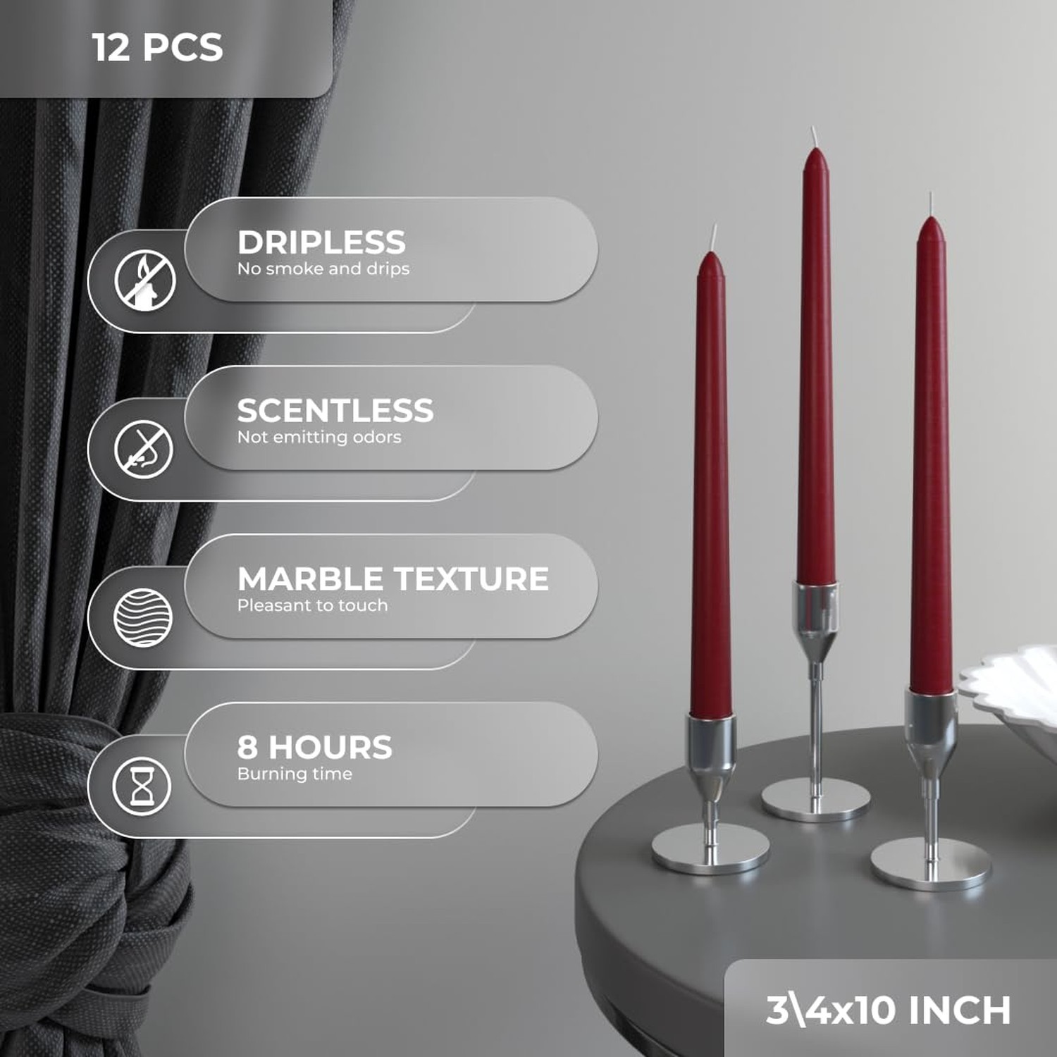 CANDWAX 10 inch Burgundy Taper Candles Set of 12 – Unscented Dripless Burgund…