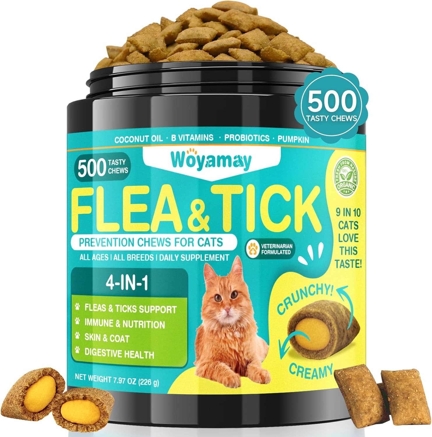 4-IN-1 Flea and Tick Prevention for Cats, 500 Crunchy & Creamy Chews, brown
