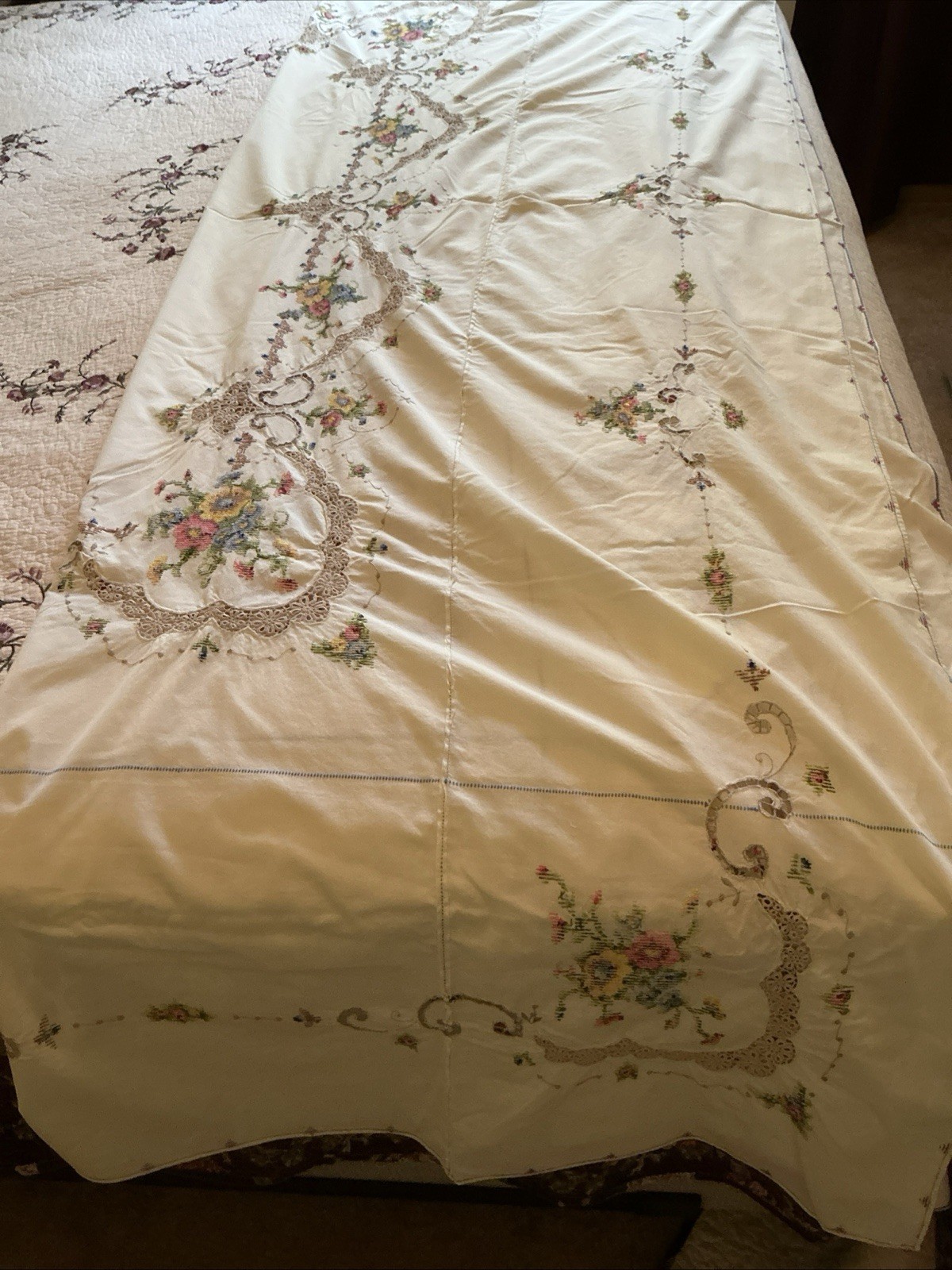 Handmade Cross Stitched Rectangular Tablecloth 102×67” With 12 Napkins Huge