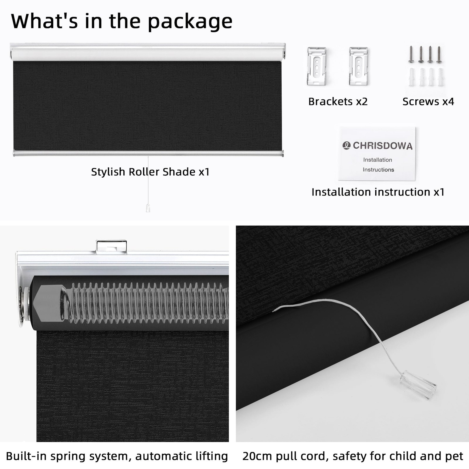 ChrisDowa Cordless Blackout Roller Shade with Spring System Room Darkening UV Pr