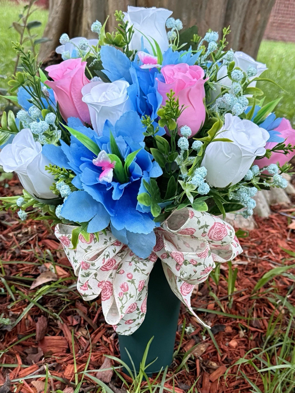 Cemetery Vase Memorial Silk Flower Arrangement Light Blue, White & Pink