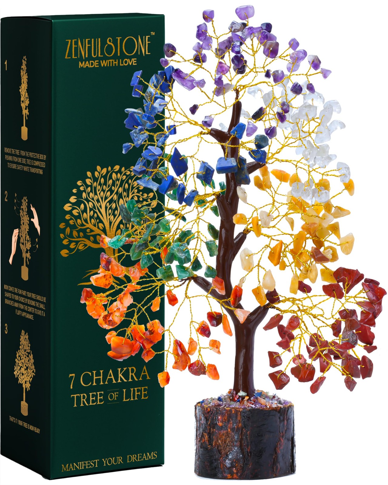 7 Chakra Tree of Life Crystal 10 inches, 7 Wooden Base 300 Beads
