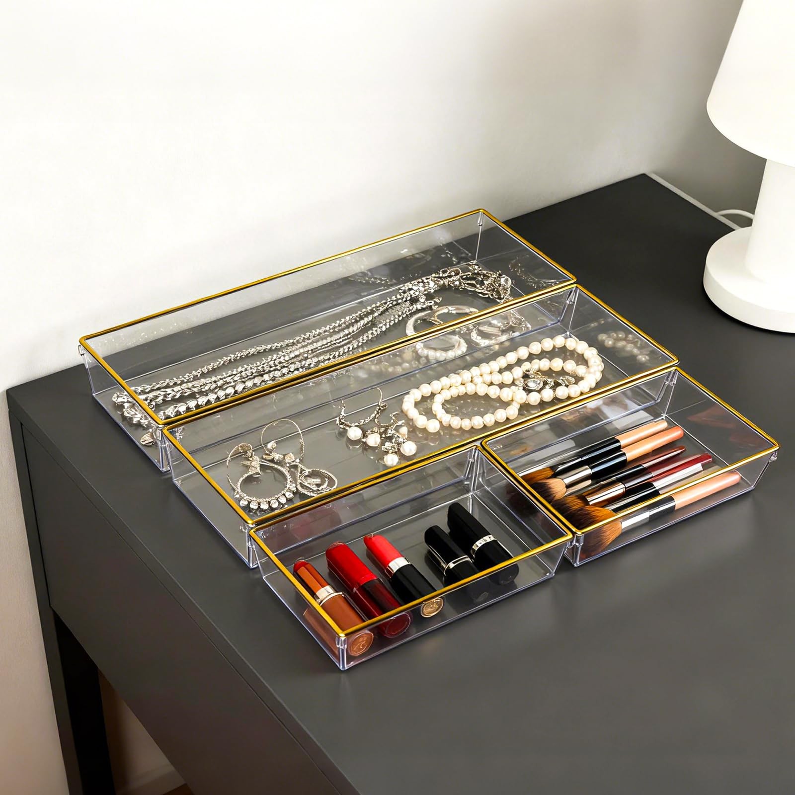 6 Pack Large Size Clear Stackable Drawer Organizer Trays, Gold 6 PACK,