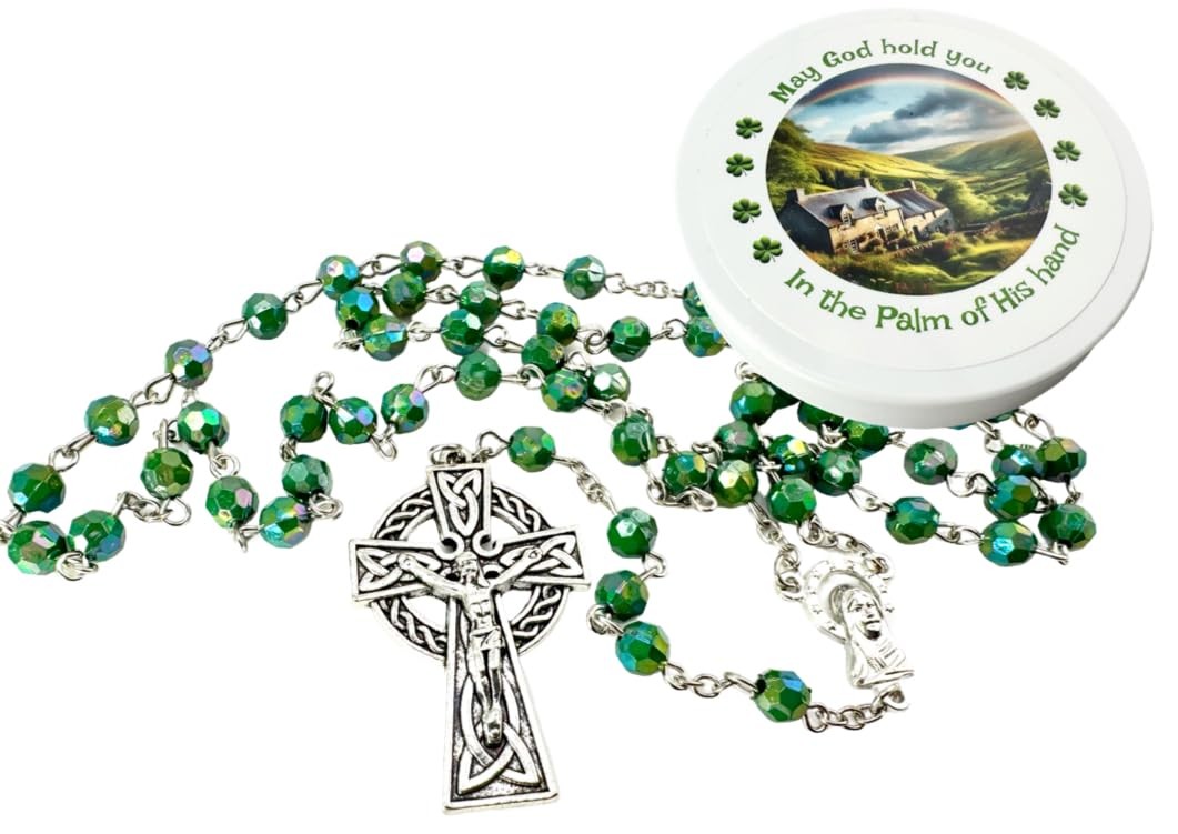Irish Rosary Set Green Acrylic Bead with Metal Celtic Crucifix Medium,
