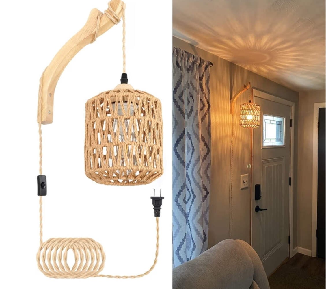 Rattan Wall Lamp with Plug in Cord Hand Woven Sconces Paper Rope Wall Mounted Li
