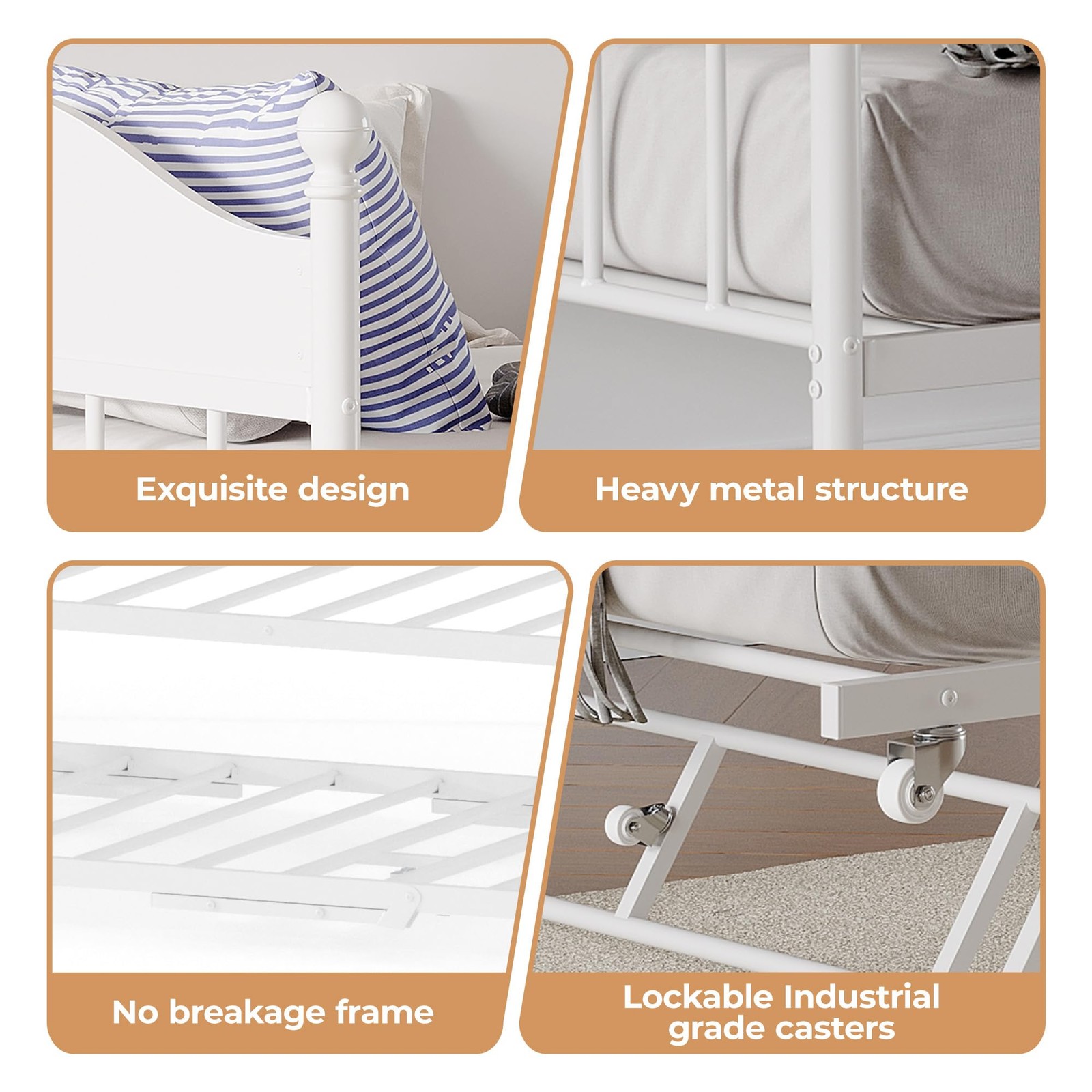 Daybed with Trundle, Metal Twin Size Day Bed Stylish Twin, White 1