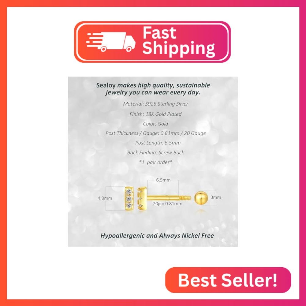 Hypoallergenic 925 Sterling Silver CZ Bar Screw Back Small Tiny Gold Stud Earrin