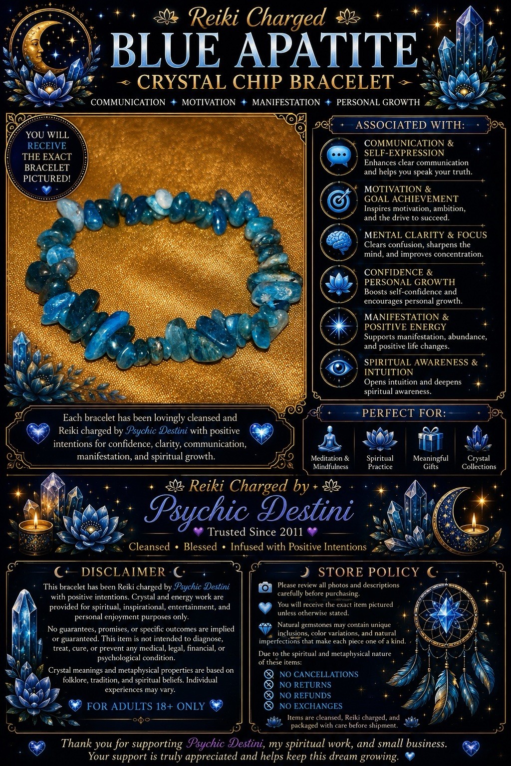 Reiki Charged Blue Apatite Crystal Chip Bracelet | Communication, Manifestation