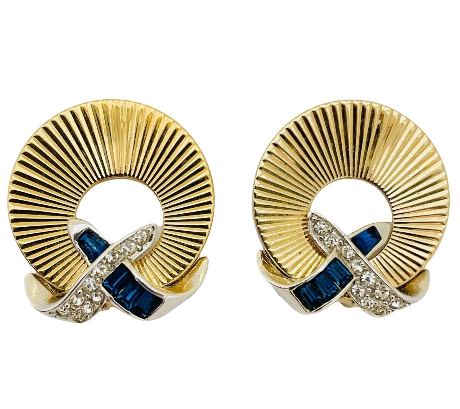 Vintage BOUCHER gold sapphire rhinestone designer clip on earrings