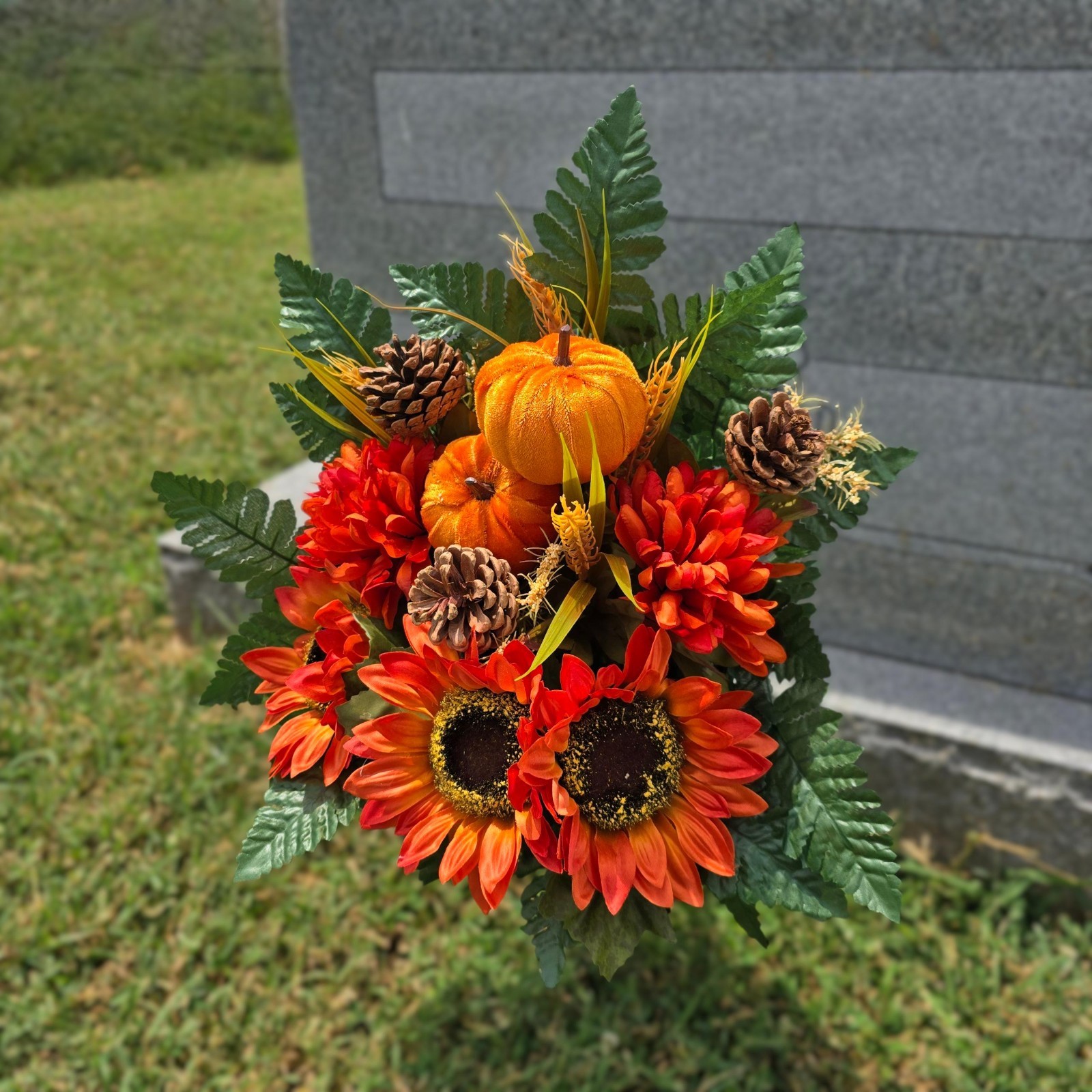 Orange Sunflower, Mum & Pumpkin Cemetery Cone