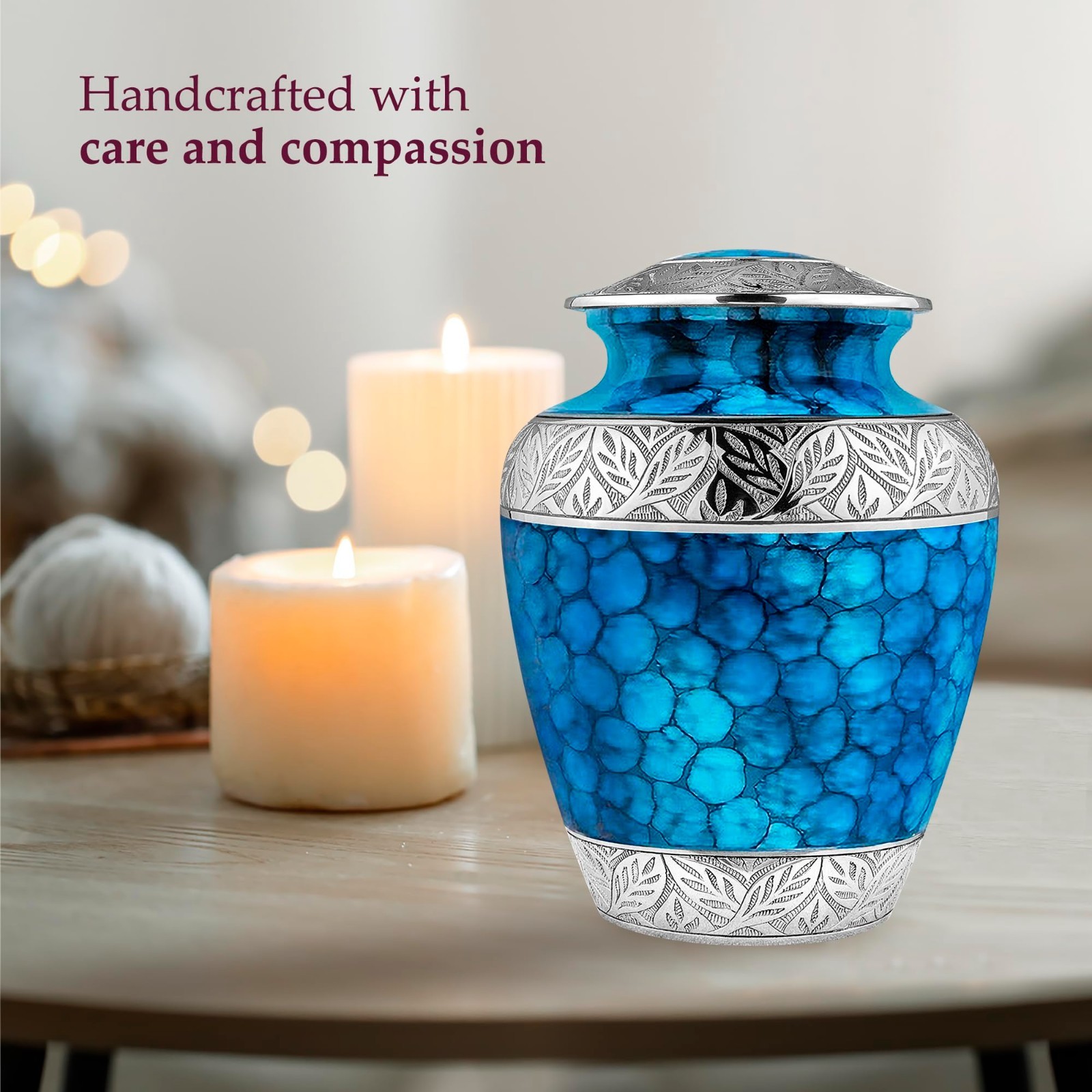 Large Light Blue Decorative Cremation Urn for Adult Ashes, Silver Lining, Memori