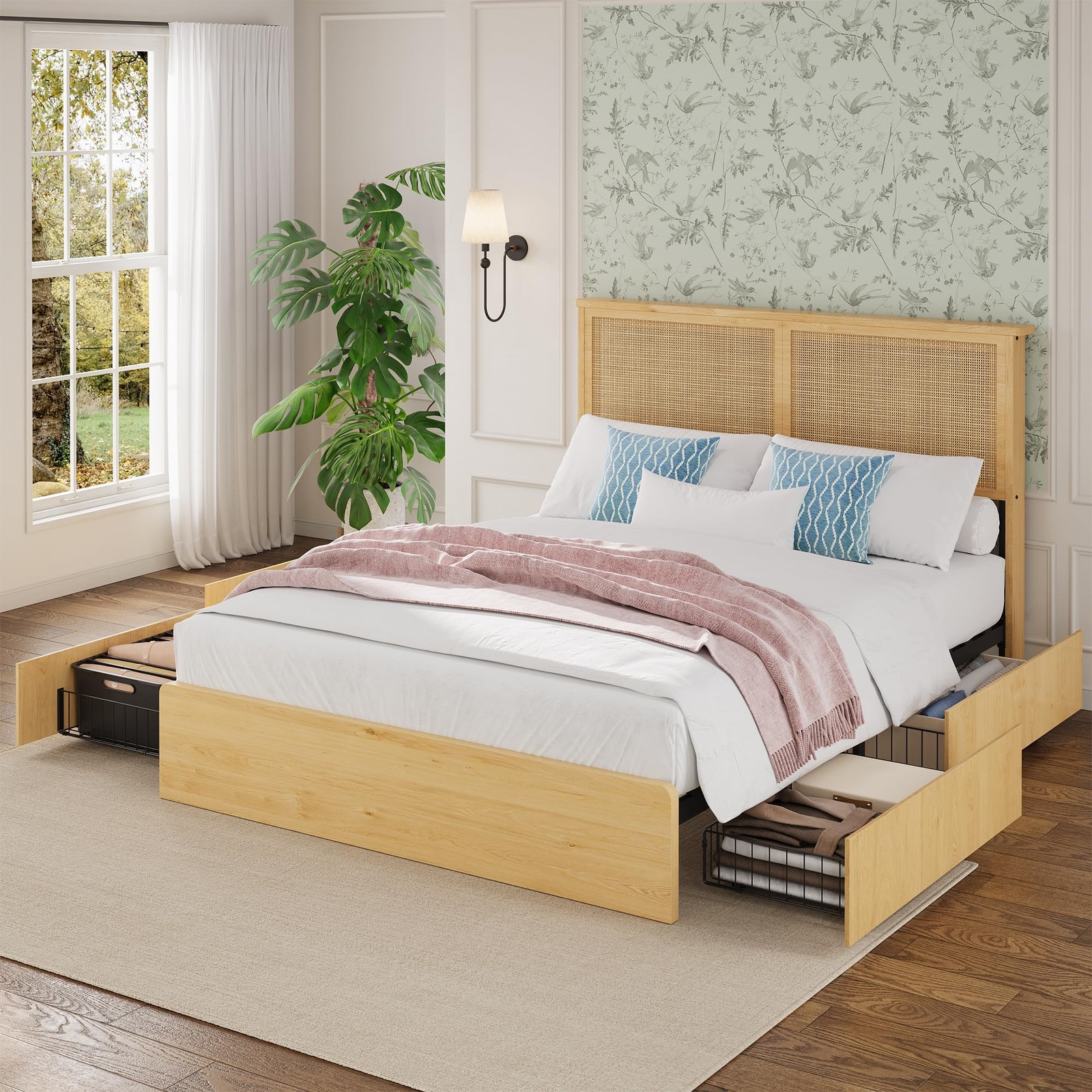 Garvee Queen Size Rattan Bed Frame with 4 Drawers, Queen(4 Drawers), Oak