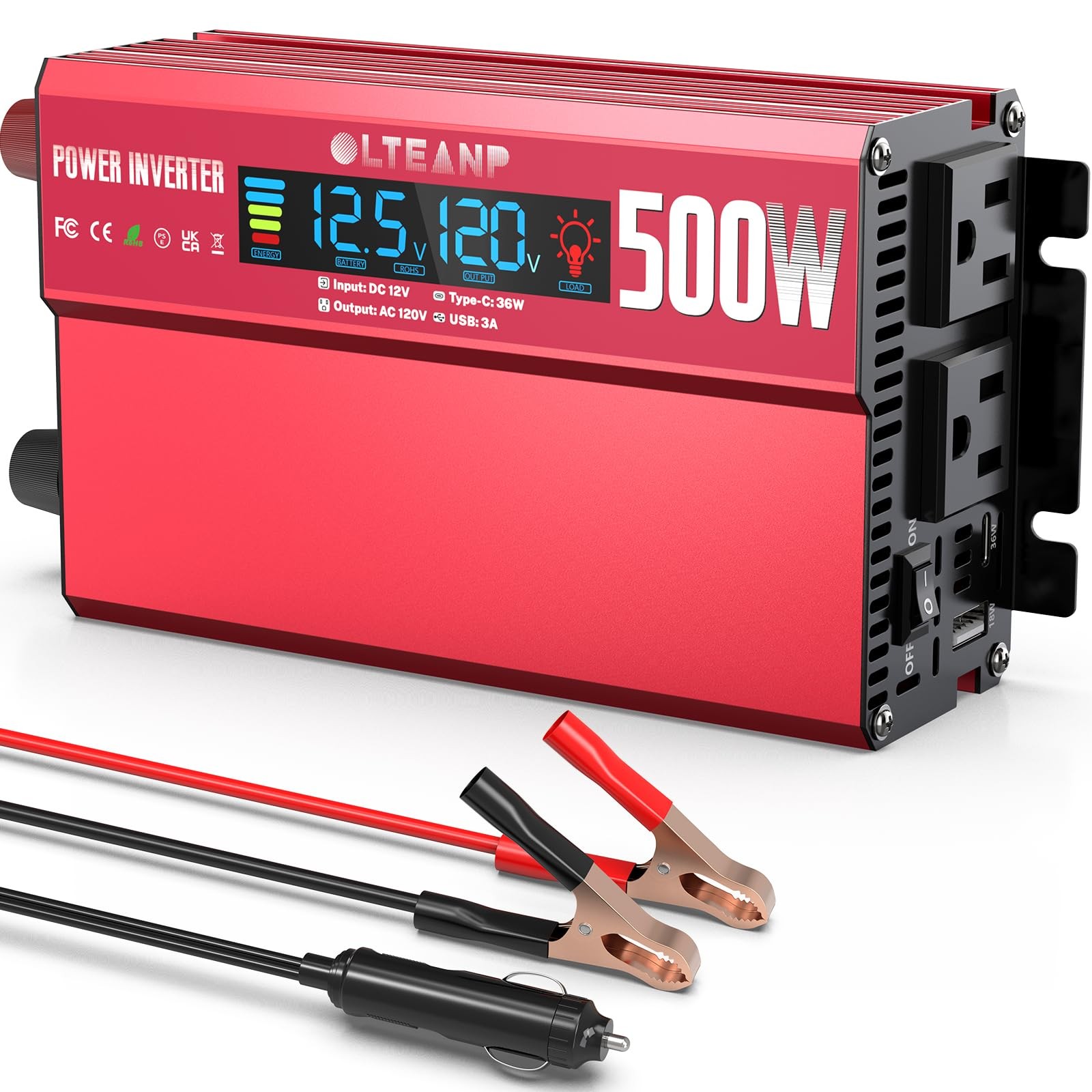OLTEANP 500W Power Inverter, 2 AC Outlets, 36W USB-C, LCD Display, 12V to 110V
