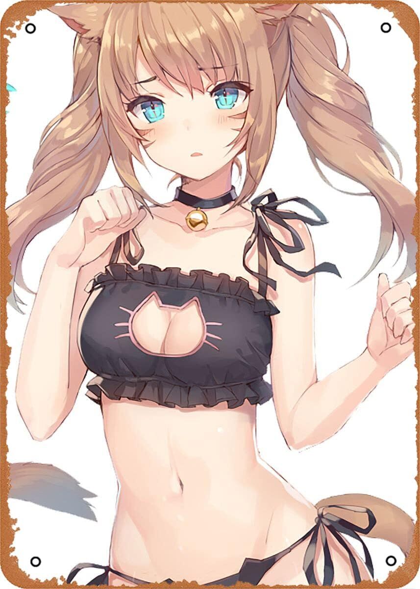 Anime Poster Waifu figure poster metal tin sign CatGirl Blushing Wall Art Decor