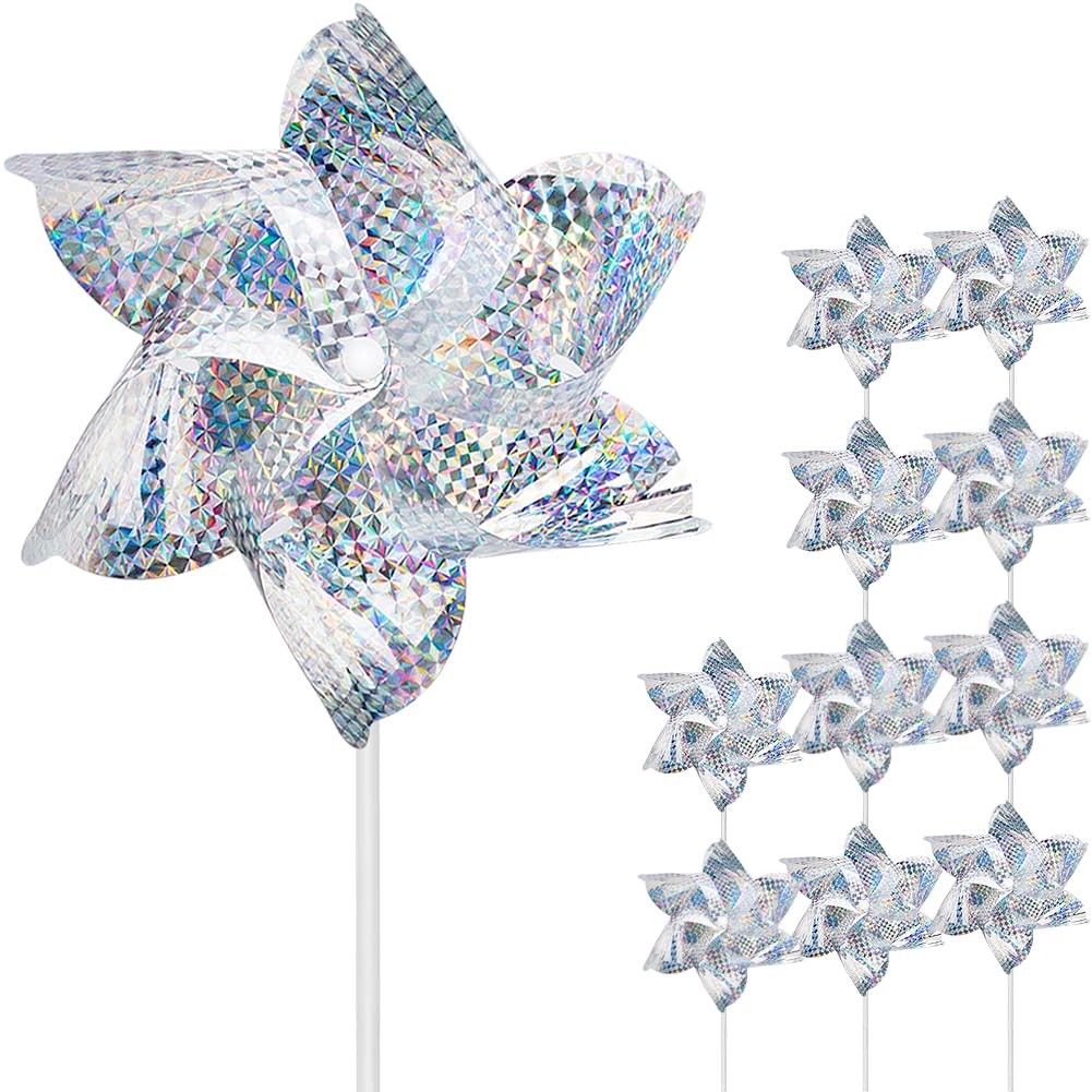 10 Pack Reflective Pinwheels for Garden Yard – Sparkly Silver Bird