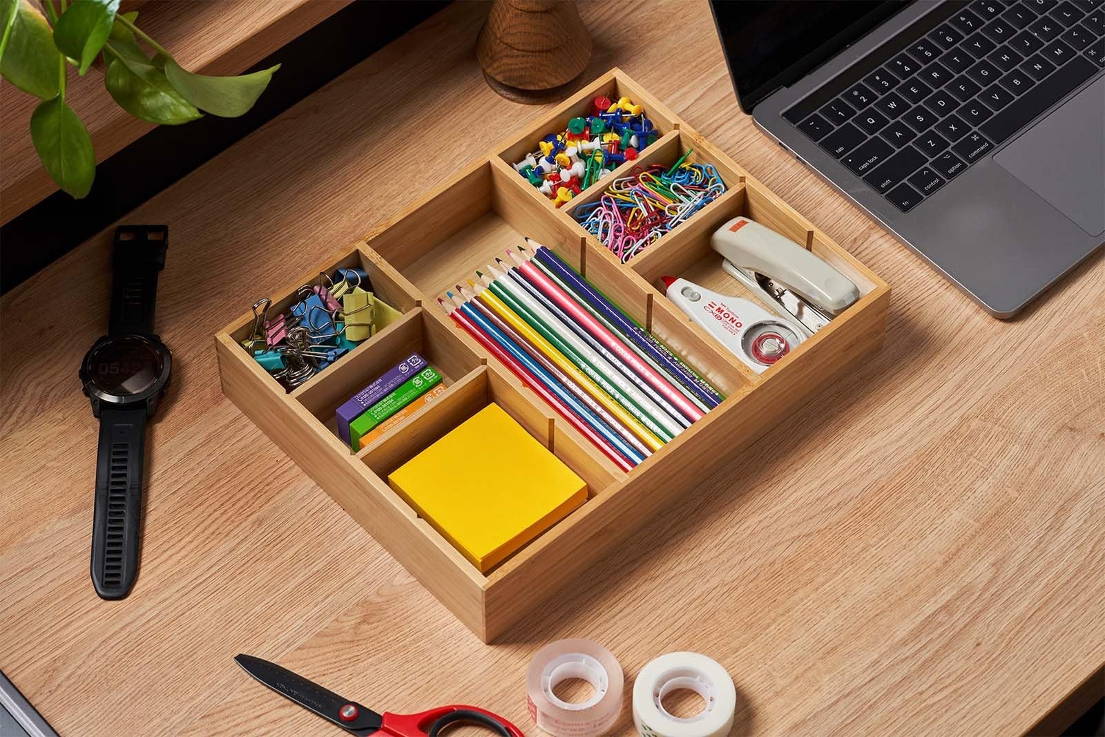 Umilife Bamboo Desk Drawer Organizer, Wood Junk Organizer 12″x9″, Natural