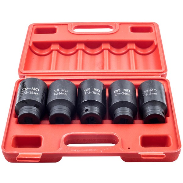 5pcs 1/2” Drive 6 Point Deep Spindle Axle Nut Socket Set 33, 34,35, 36,38mm