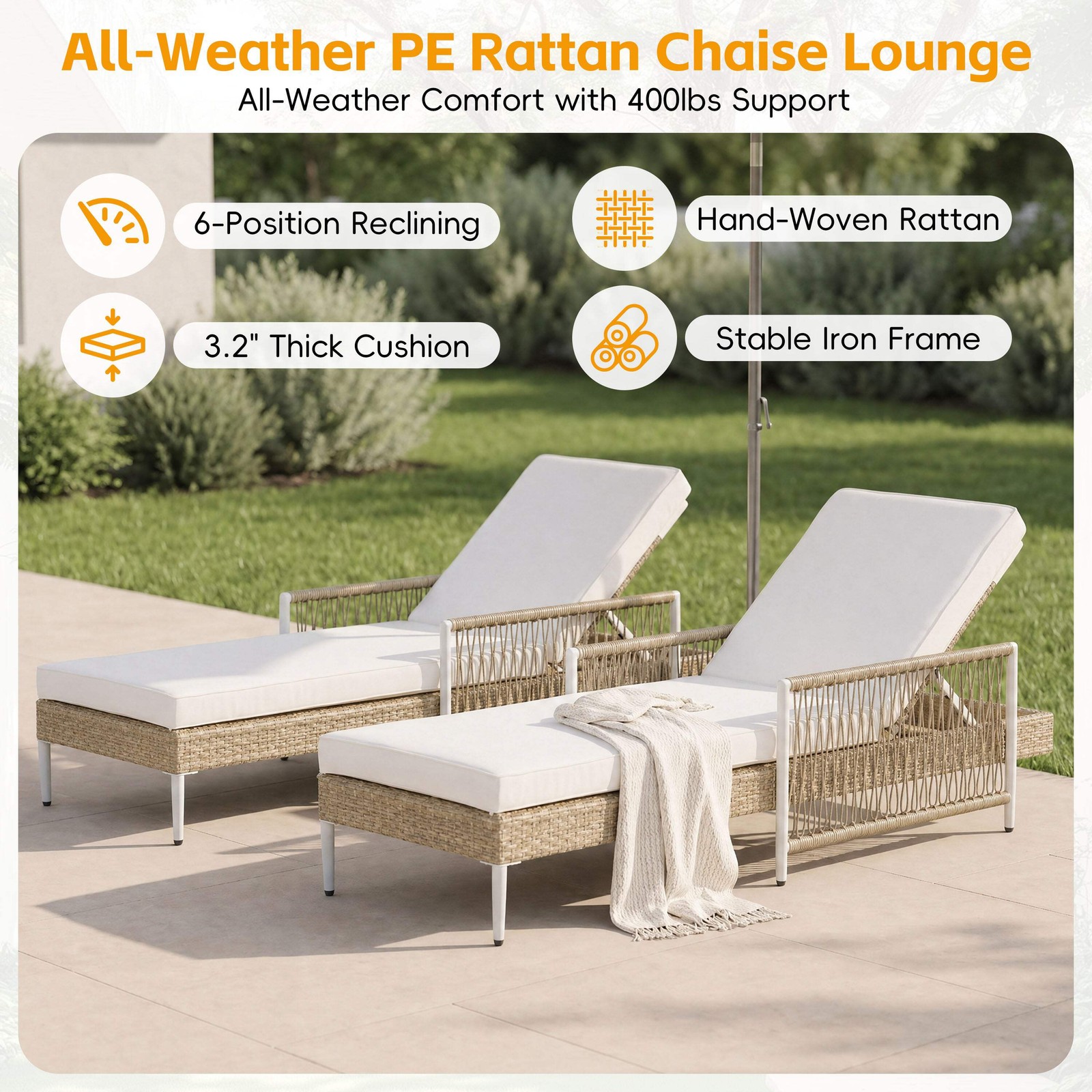PE Rattan Chaise Lounge Chair Set of 2 with Cushions