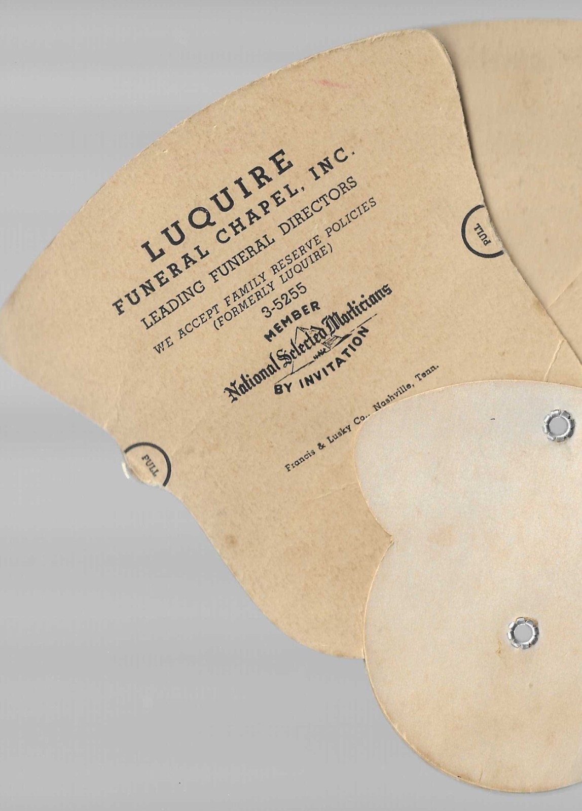 ca. 1960 luquire funeral chapel, Birmingham Alabama expanding Advertising fan