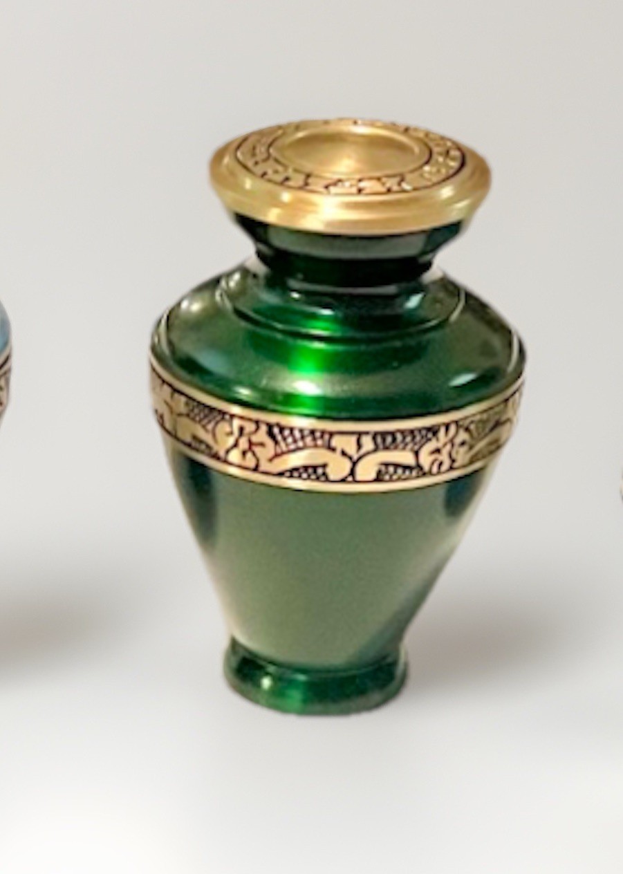 Lovely Emerald Green w/Bronze Milano Style Keepsake Mini Token Urn w/Velvet Bag