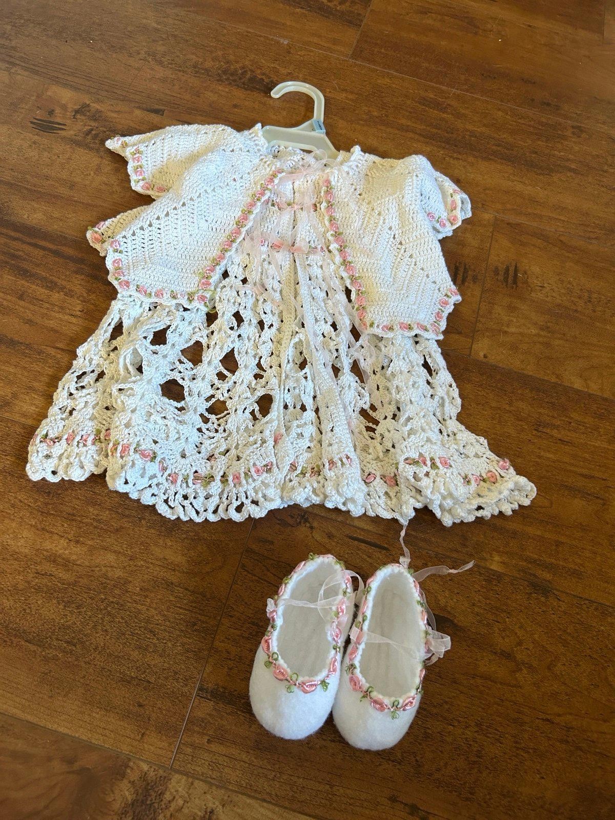 Vintage Handmade White Crocheted Infant Dress with Small Pink Rosebuds