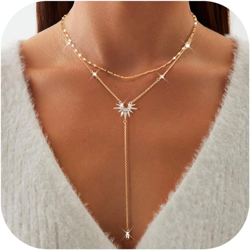 Dochais Dainty Gold Layered Necklace for Y CZ Drop Sun Lariat-GD