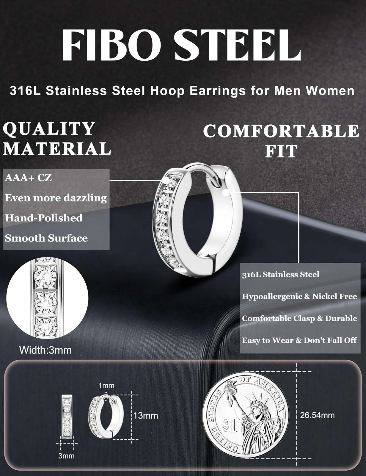 316L Stainless Steel Hoop Earrings for Men Outer diameter: 13mm, Silver Tone