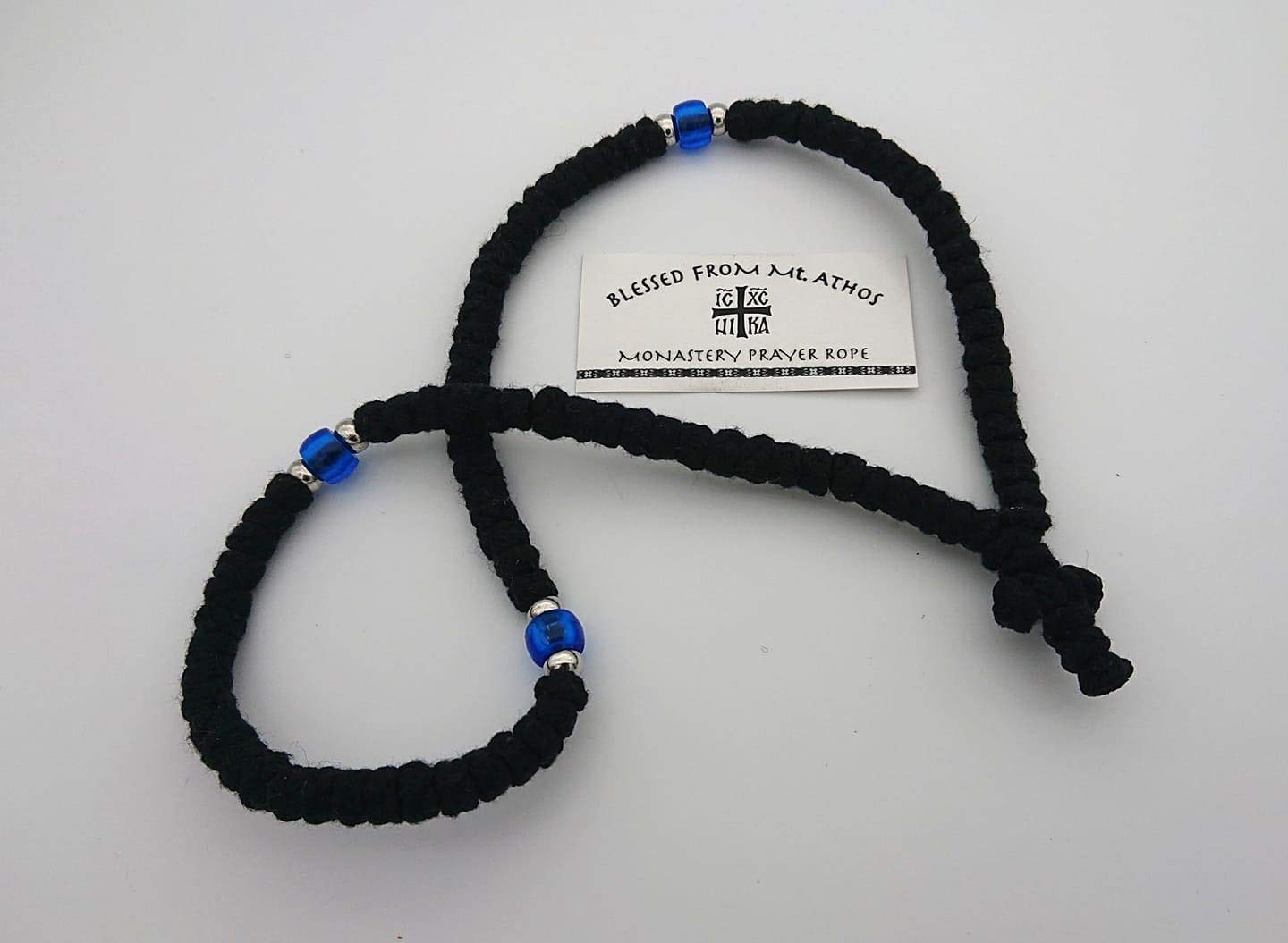 100 Knots Prayer Rope Greek Russian Komboskoini Black with Blue Beads Mt Athos
