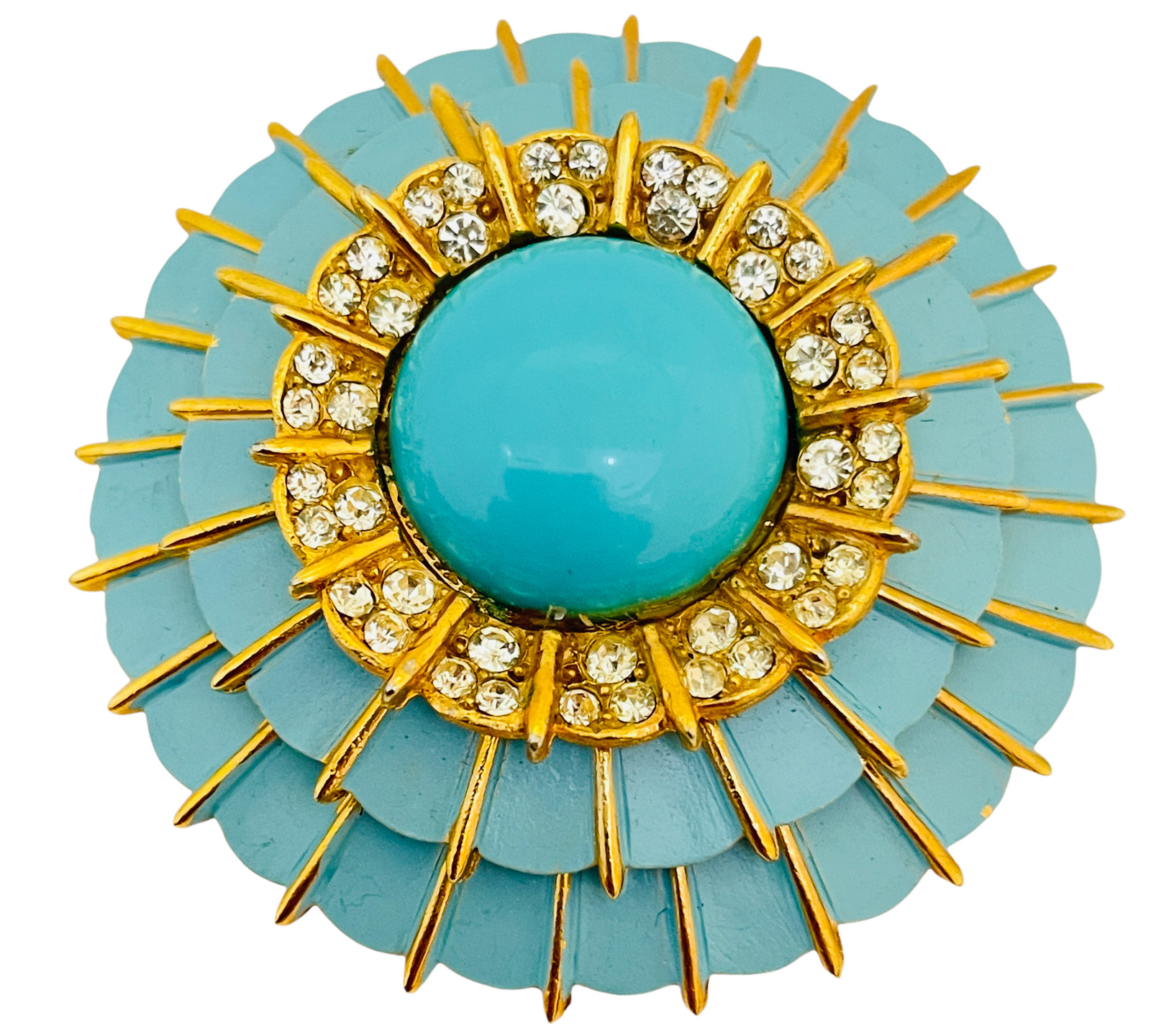 Vintage gold rhinestone blue enamel designer runway brooch