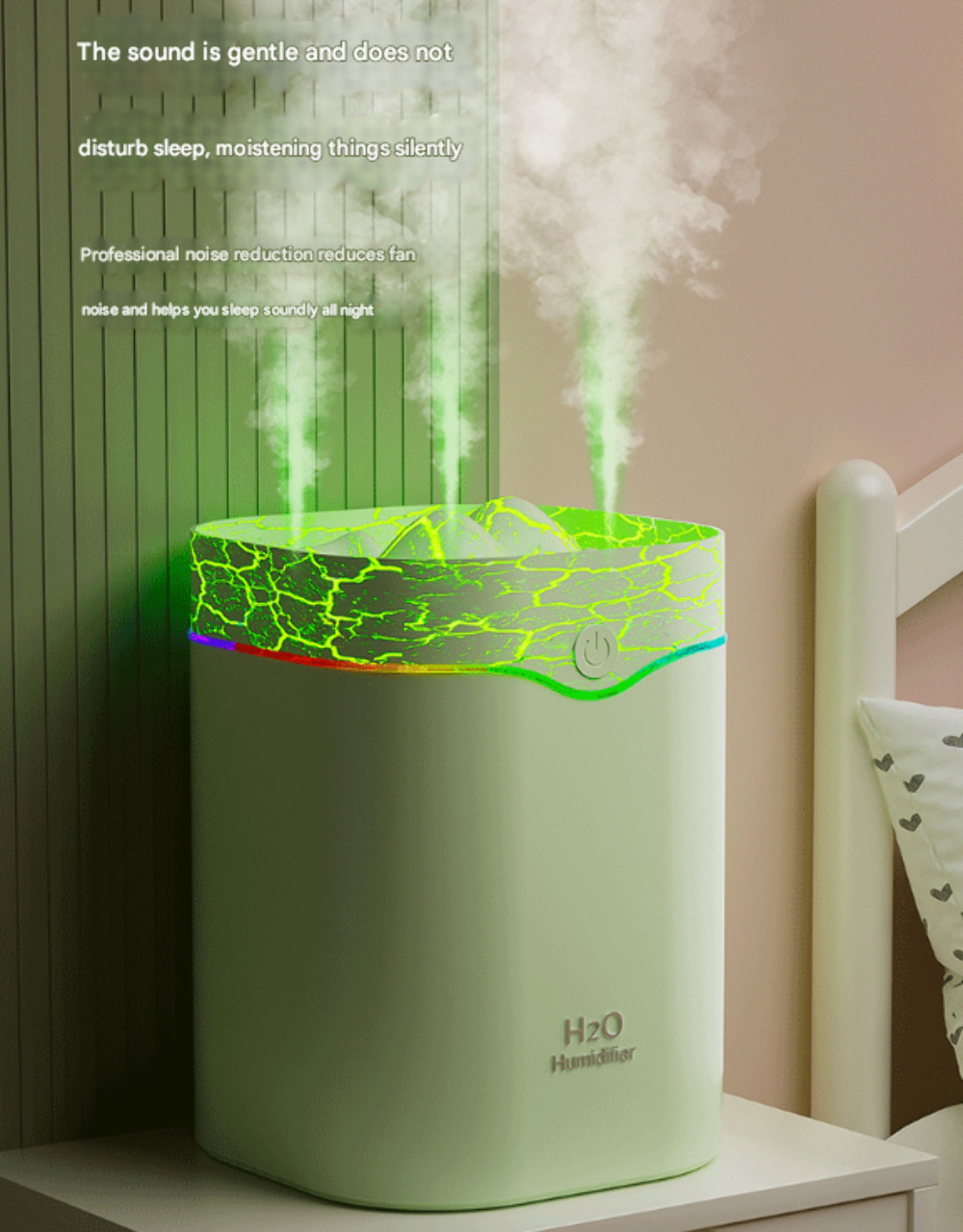 Green Volcano Style 2L Cool Mist Humidifier – Triple Nozzle with RGB LED & Quiet