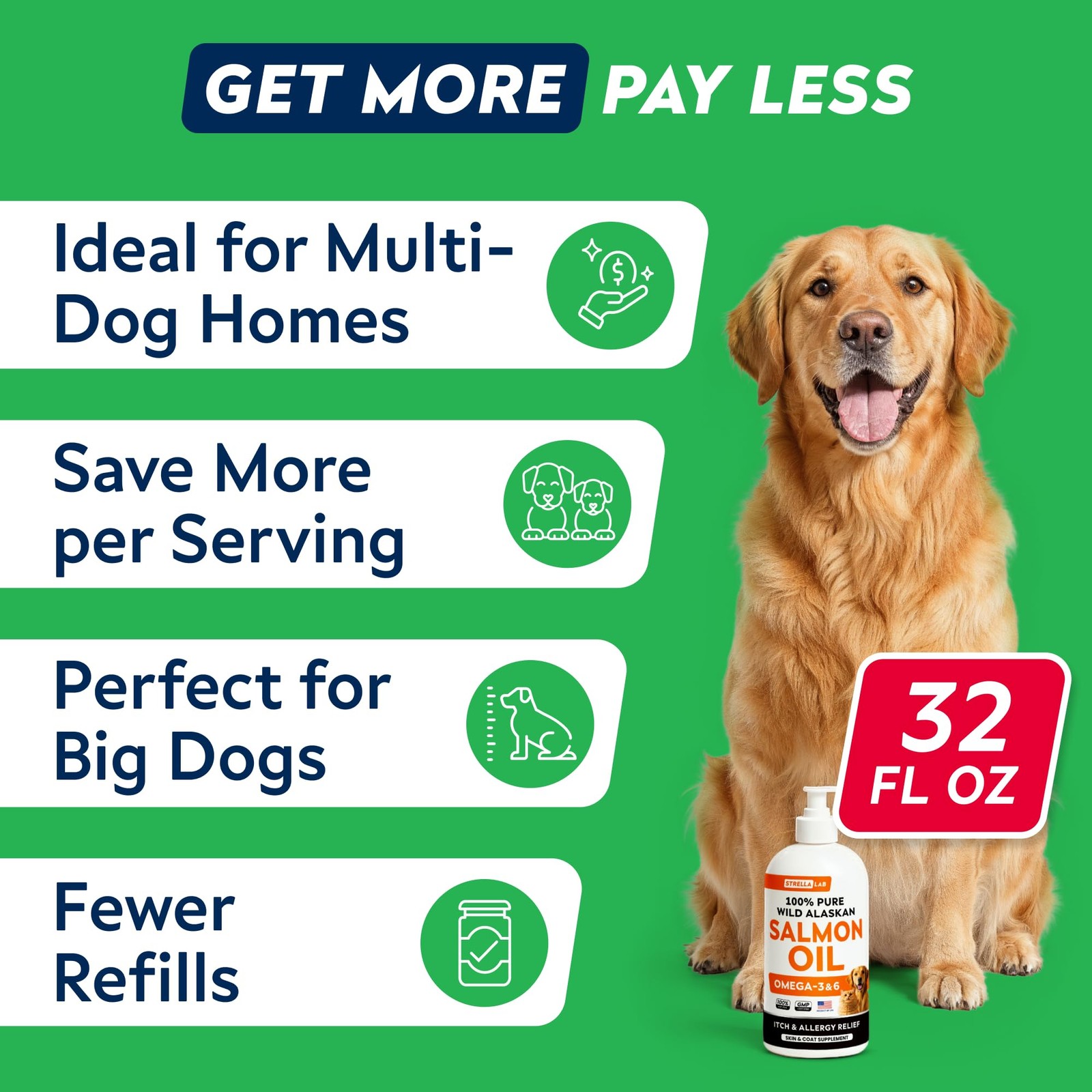 StrellaLab 32 OZ Salmon Oil for Dogs – Omega 3 32 FL Oz –