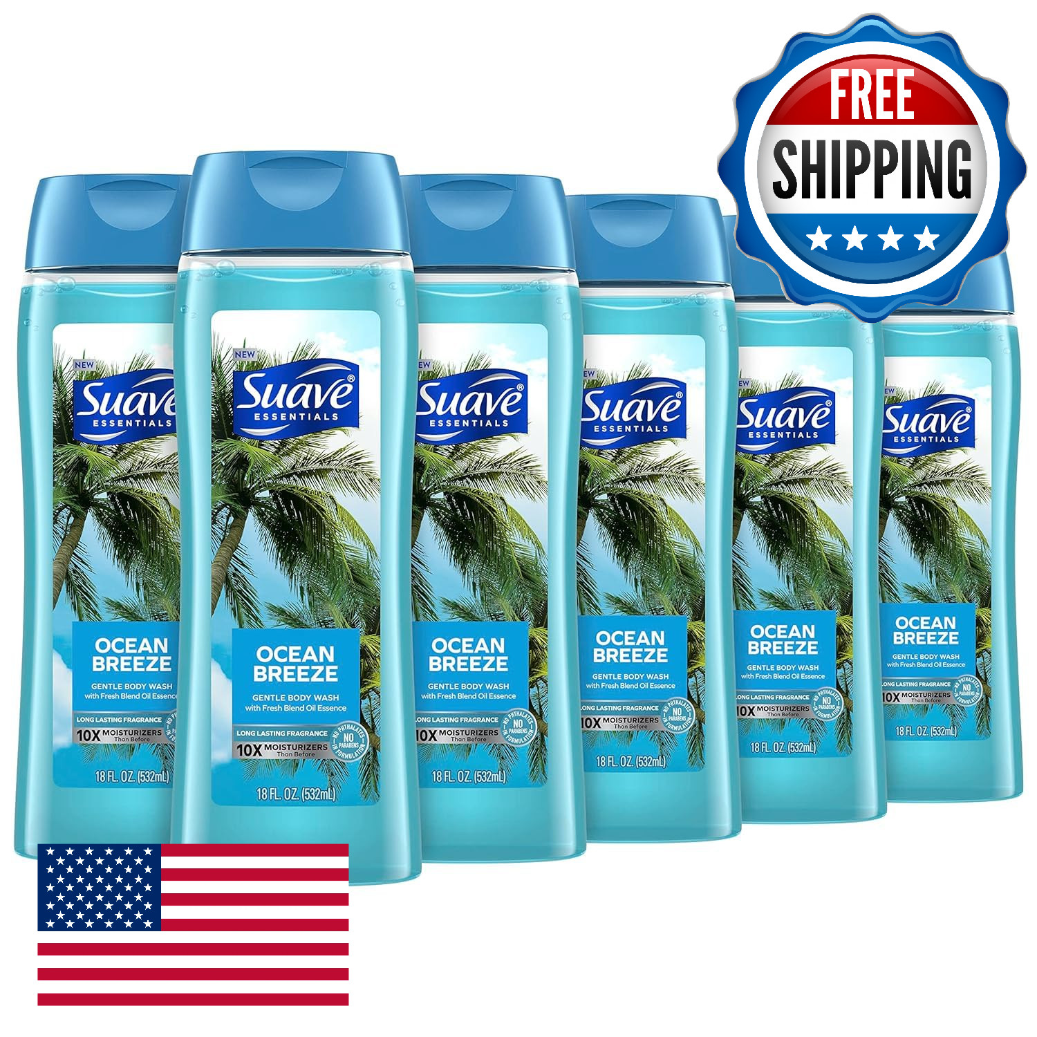 Suave Moisturizing Body Wash Ocean Breeze w/ Vitamin E, 6x18oz, Paraben-Free