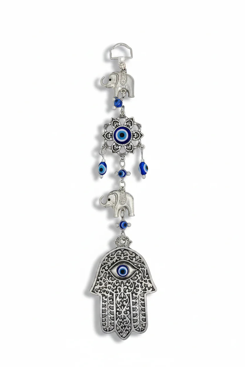 Evil Eye with Hamsa Hand and Elephants, 10 Inches