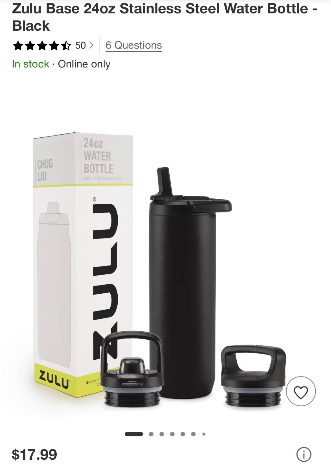 Case of 6 ZULU 24 oz Insulated Stainless Steel Water Bottle Black New Unopened