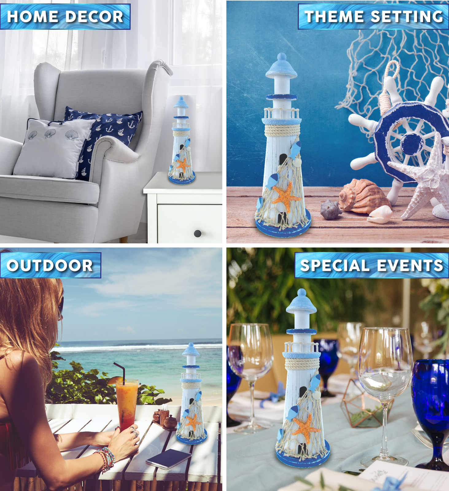 CoTa Global Light Blue Stripes Lighthouse Decor with Starfish – 11.5 Inches