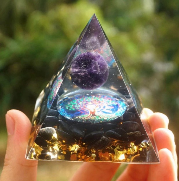 Resin Orgonite-Style Crystal Pyramid Decor w/ Embedded Stones & Gold Flakes