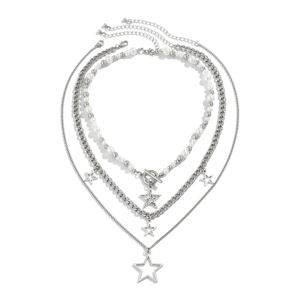 Inactwin Star Y2k Silver Necklace Grunge Layered 15.7 inches, 3pc -2
