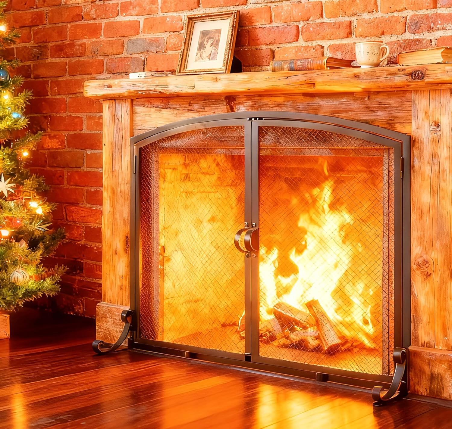 Fire Beauty 37.8×30.7 in Flat Fireplace Screen with Doors, Large, Black