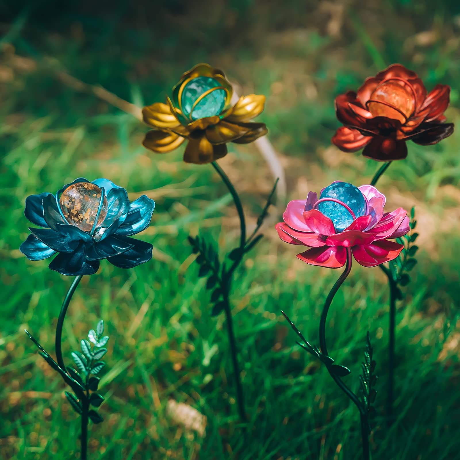 4 Pack Metal Flower Garden Stakes Waterproof Outdoor Decor for Lawn & Yard
