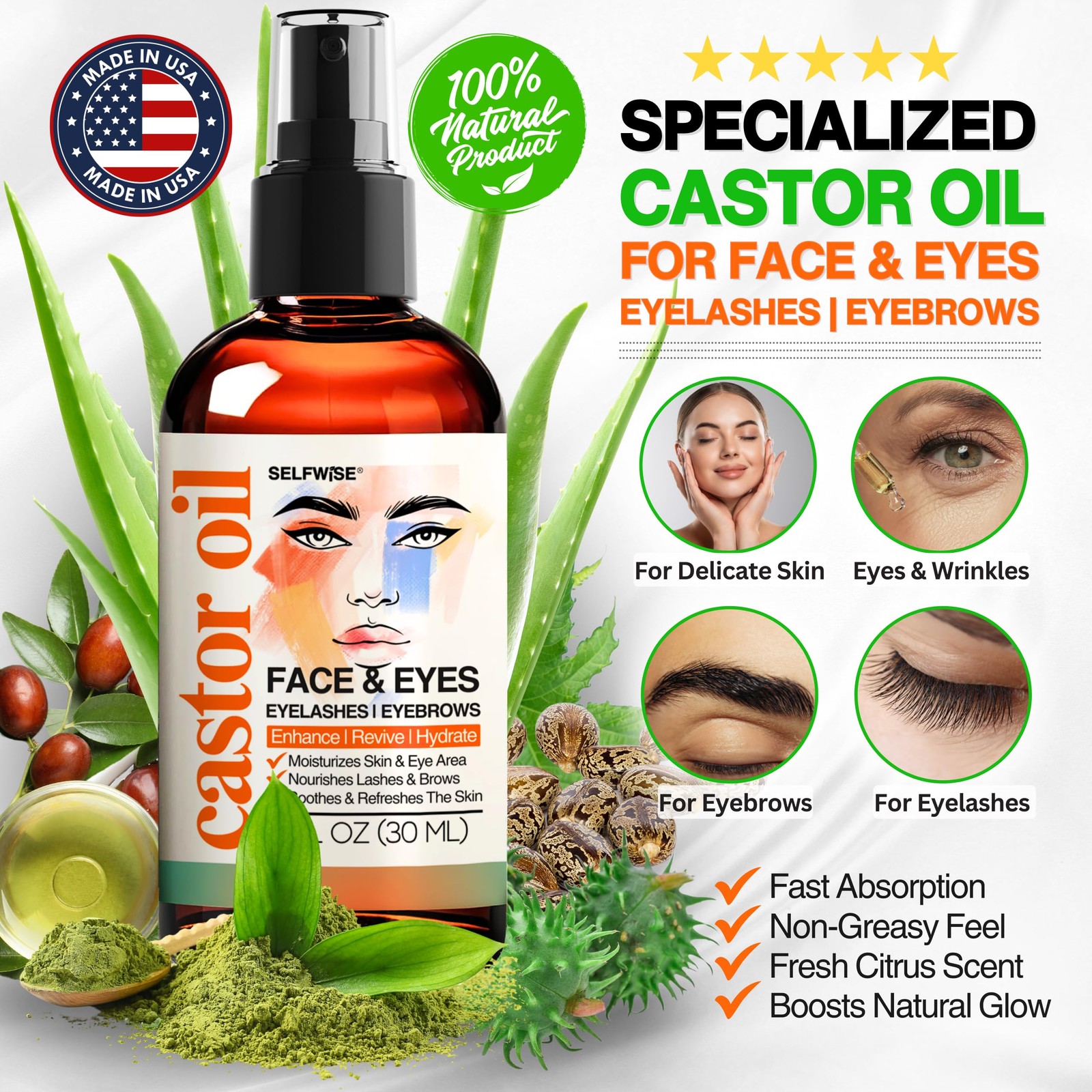 SELFWISE Organic Castor Oil For Face Moisturizer, Eyes, 1 Fl Oz (Pack of 1)