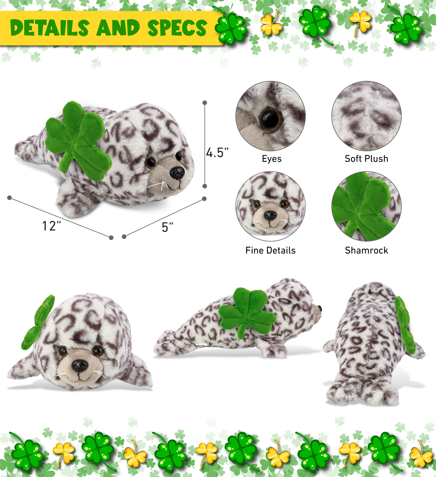 DolliBu Cute Soft Seal Stuffed Animal with Green Plush Shamrock – 12 Inches